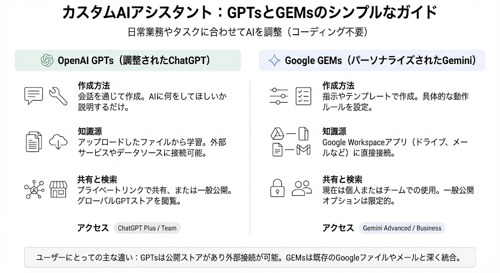 カスタムAIアシスタント：GPTsとGEMsのシンプルな比較ガイド